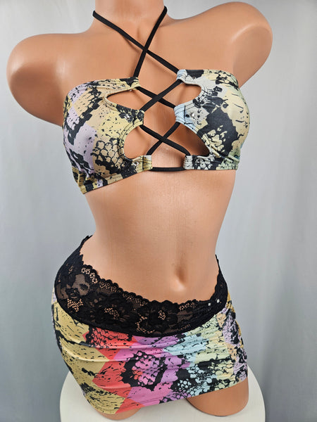 Snake Print Lace Up Skirt Set
