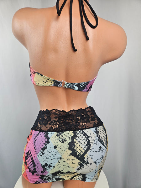 Snake Print Lace Up Skirt Set