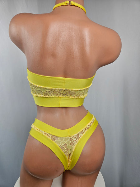 Yellow Lace Bandeau Thong Bikini w/ Matching Choker
