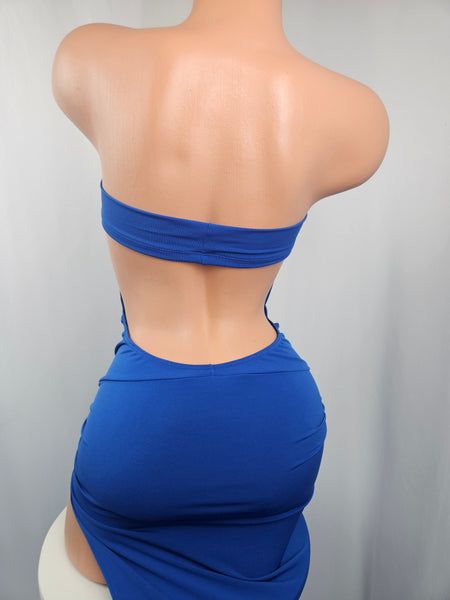 Royal Blue Strapless Draped Cowl Gown