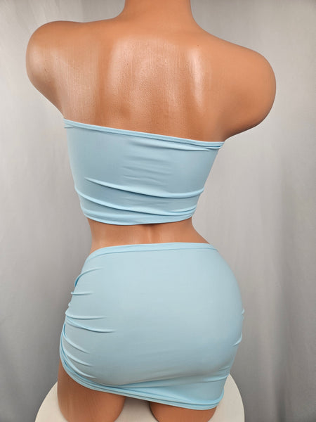Baby Blue Bandeau Twist Skirt Set