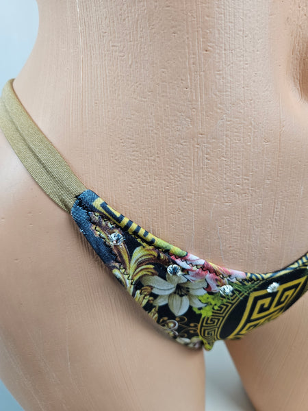 Designer Print Rhinestone Thong Bikini