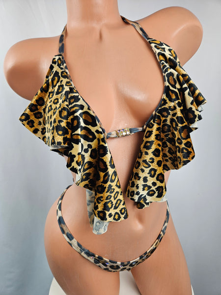 Animal Print Ruffle Thong Bikini
