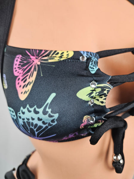 Black & Rainbow Butterfly Lace Up Tie Side Bikini