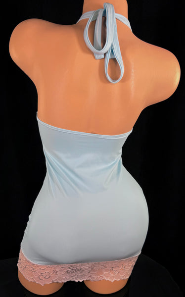 Baby Blue Halter Mini Dress w/ White Lace Accents
