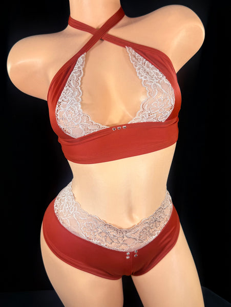 Brick Red Short Set w/ Lace Accents