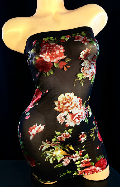 Black Strapless Printed Floral Mesh Mini Dress