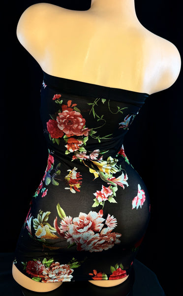 Black Strapless Printed Floral Mesh Mini Dress