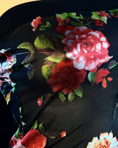 Black Strapless Printed Floral Mesh Mini Dress