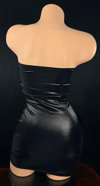 Black Wet Look Lace Up Strapless Mini Dress