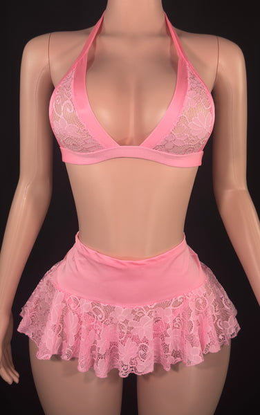 Pink Lace Skirt Set w/ Matching Thong