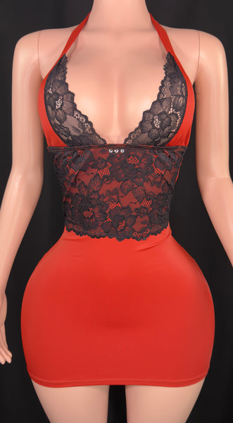 Brick Red & Black Lace Mini Dress
