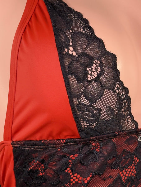 Brick Red & Black Lace Mini Dress