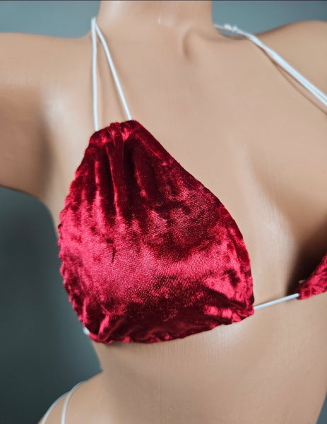 Red Crushed Velvet String Thong Bikini