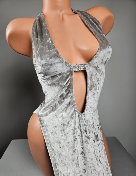Silver Crushed Velvet High Cut Gown