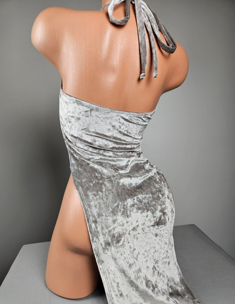Silver Crushed Velvet High Cut Gown