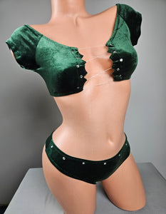 Green Velvet Cap Sleeve Top & Thong Bikini
