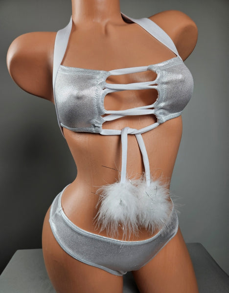 Holographic Silver Thong Bikini w/ Pom Poms