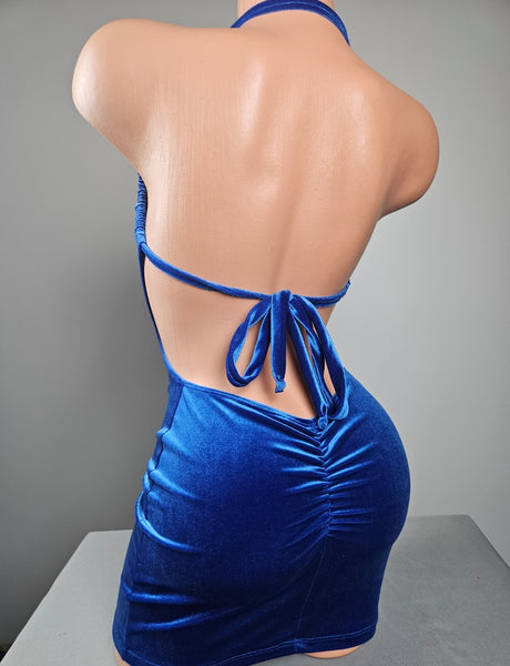 Blue Velvet Drawstring Mini Dress