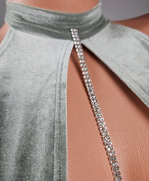 Keyhole Velvet Mini Dress w/ Rhinestone Chain