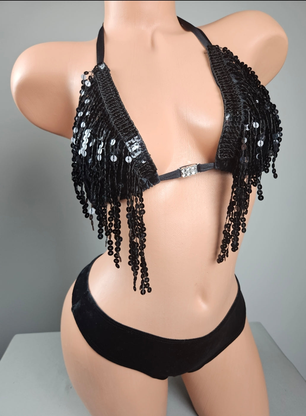 Black Velvet Sequin Fringe Thong Bikini