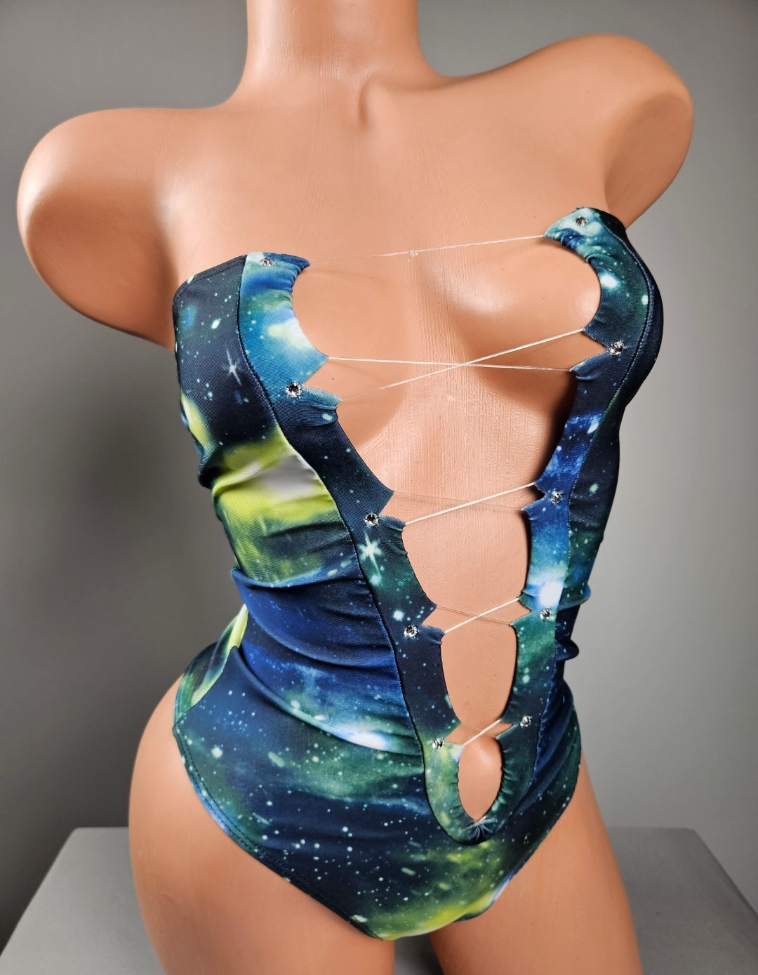 Strapless Galaxy Lace Up Thong Back Romper