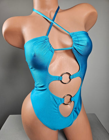 Turquoise Cut Out Ring Thong Back Romper