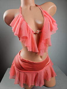Coral Ruffle Top Thong Bikini w/ Mesh Skirt Set