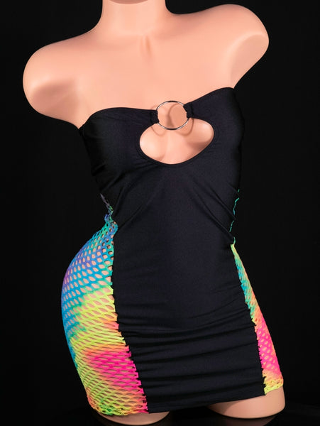 Black Strapless Mini Dress w/ Rainbow Net Panels