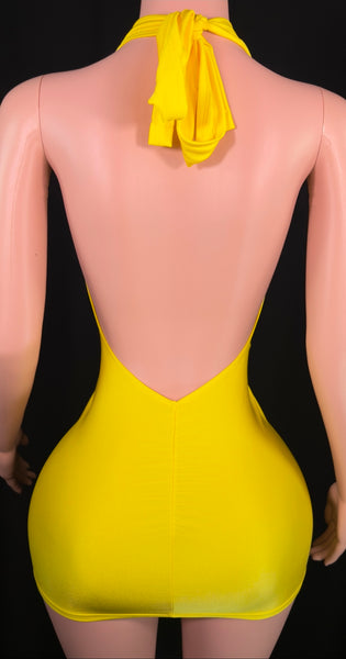 Yellow Plunge Ring Mini Dress