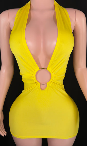 Yellow Plunge Ring Mini Dress