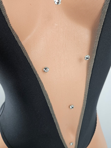 Stripper Exotic Dancer Black & Nude Mesh  Romper w/ Rhinestones
