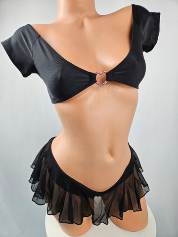 Black Cap Sleeve Ruffle Thong Bikini