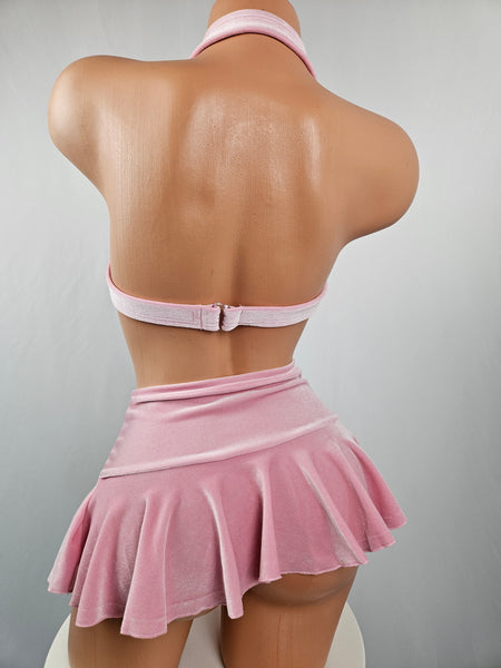 Pink Velvet Skirt Set w/ Lace Top