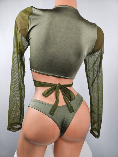 Olive Long Sleeve Wrap Top Thong Bikini