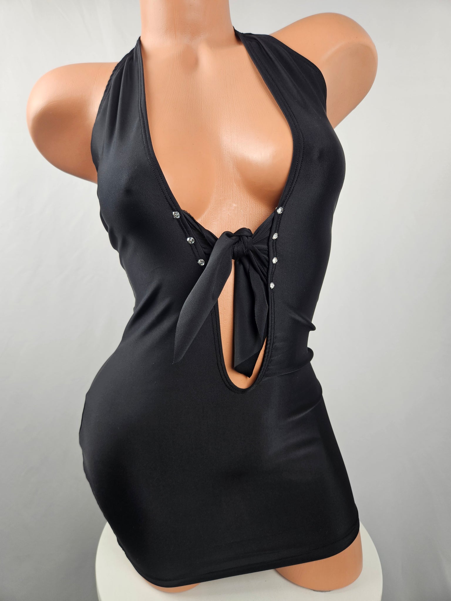Black Halter Tie Front Mini Dress