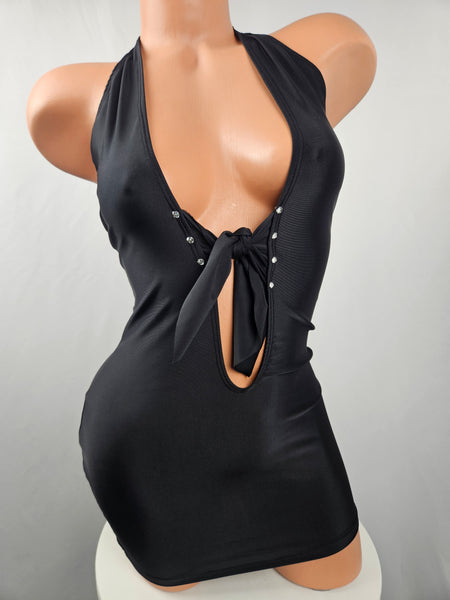 Black Halter Tie Front Mini Dress