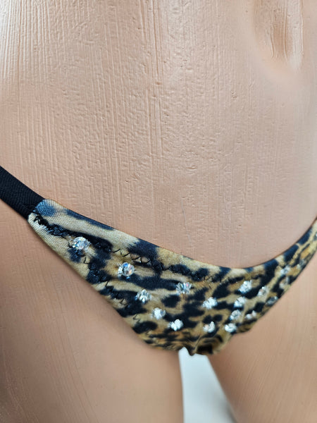 Animal Print Rhinestone Thong Bikini