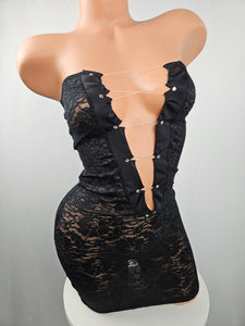 Black Lace Lace Up Strapless Mini Dress