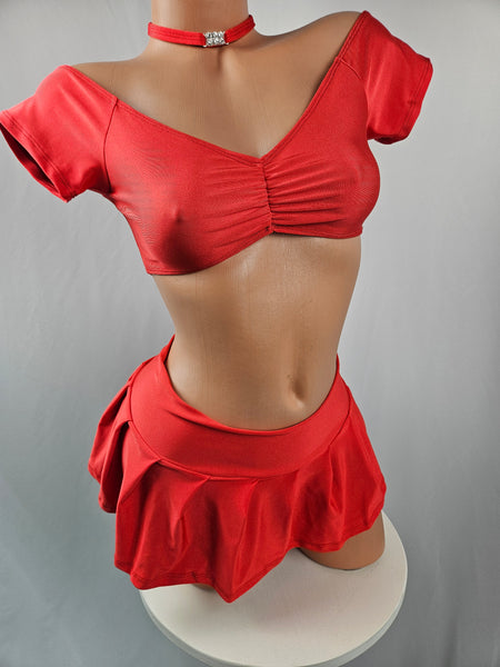 Light Red Cap Sleeve Pleated Ruffle Skirt Set w/ Matching Choker