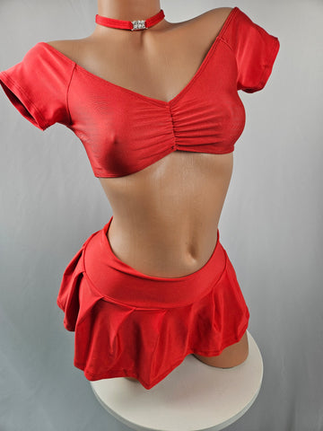 Light Red Cap Sleeve Pleated Ruffle Skirt Set w/ Matching Choker