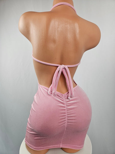 Pink Velvet Drawstring Mini Dress