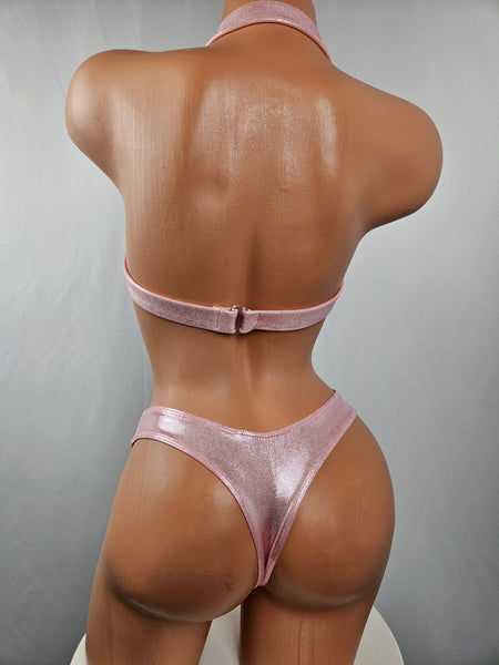 Holographic Pink Lace Top High Waist Thong Bikini