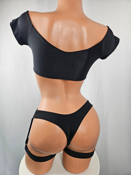 Cap Sleeve Garter Belt Thong Bikini