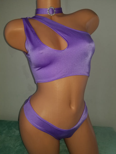 Lavender Cut Out Thong Bikini Set w/ Rhinestone Choker