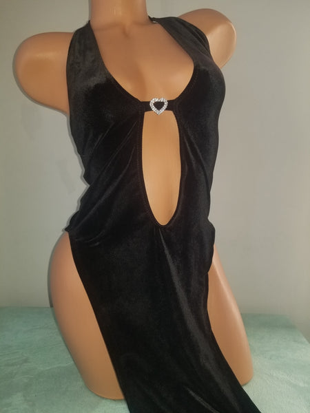 Velvet Black High Cut Gown w/ Rhinestone Heart Accent