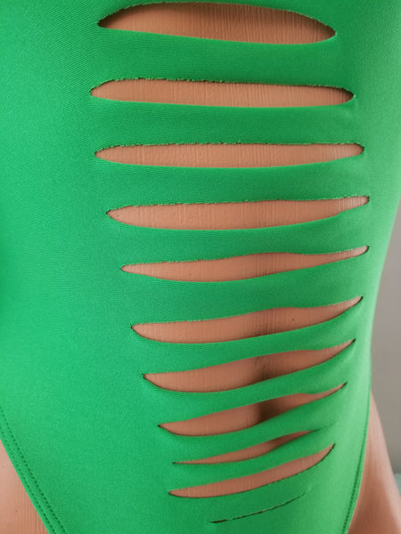 Green High Cut Thong Back Monokini w/ Choker